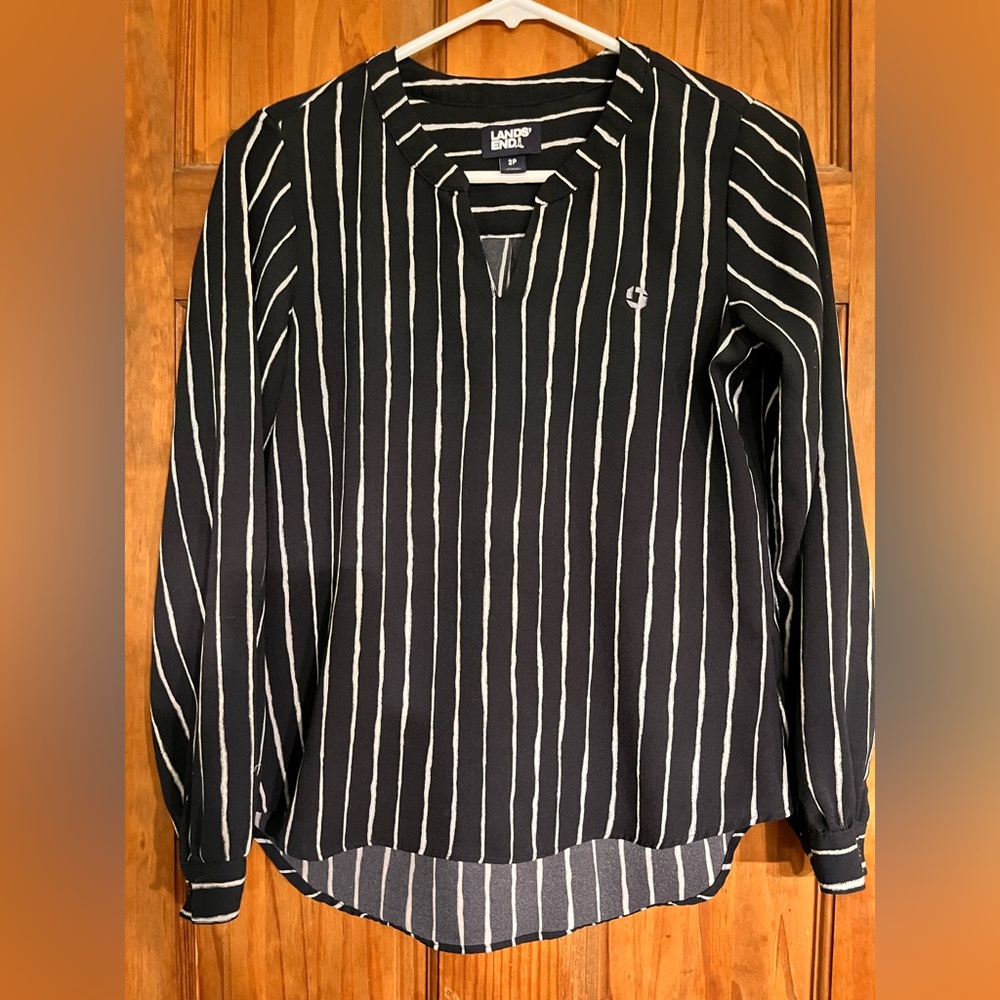 Chase Bank Uniform Lands' End Black and White Striped Blouse